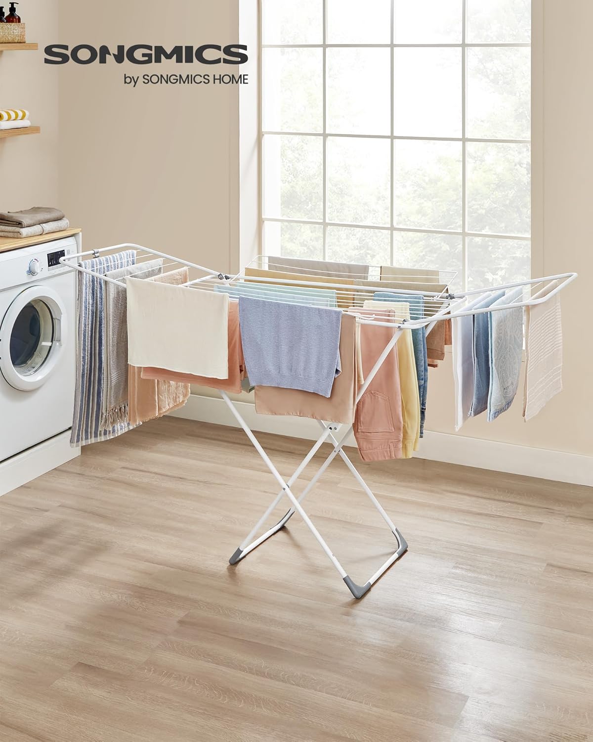 SONGMICS Clothes Drying Rack, Metal Laundry Drying Rack, Foldable, Space-Saving, Free-Standing
