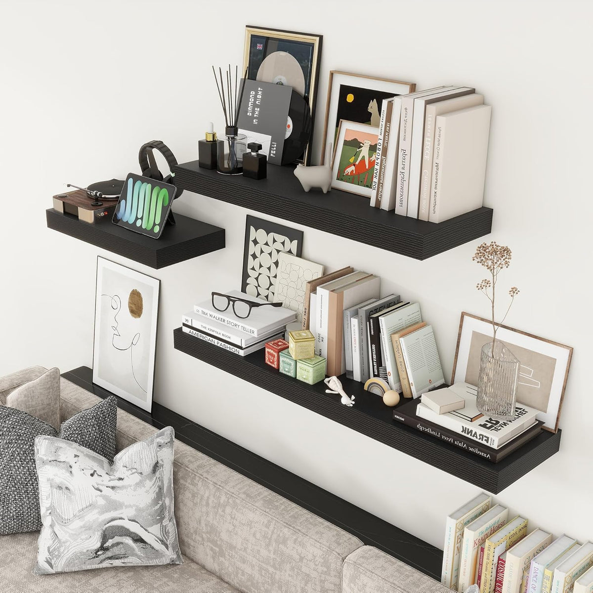 Deep Floating Shelves for Wall, 24W x 12D Black Floating Shelves Set of 2, 12'' Deep Large Wood