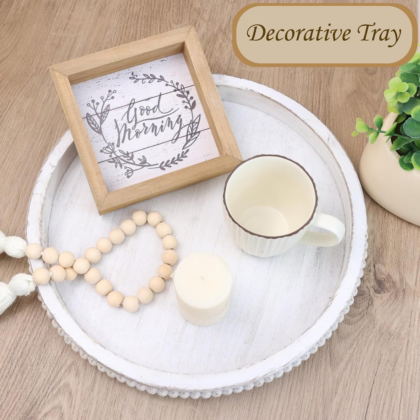 Round Wood Serving Tray with Beads, White Washed Wooden Decorative Tray for Entertaining