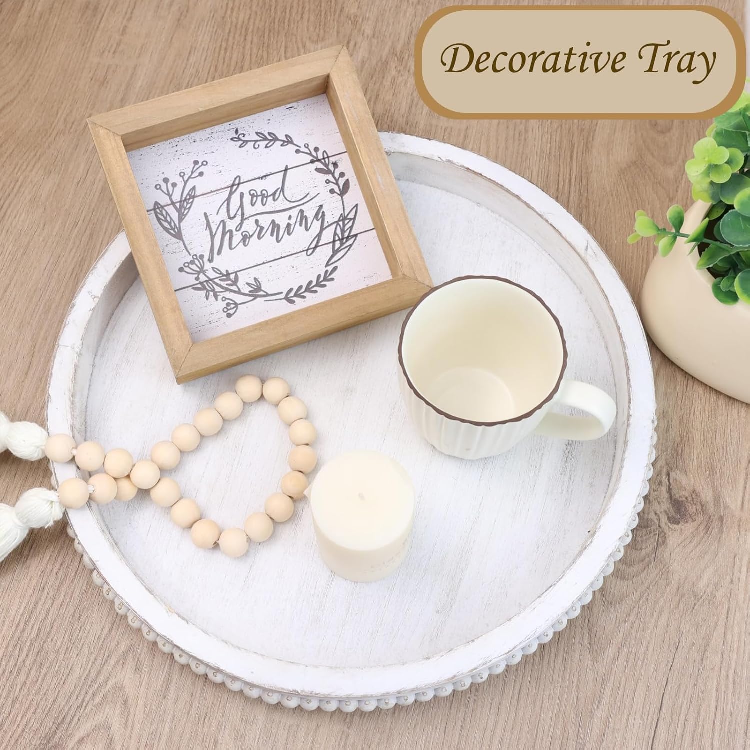 Round Wood Serving Tray with Beads, White Washed Wooden Decorative Tray for Entertaining