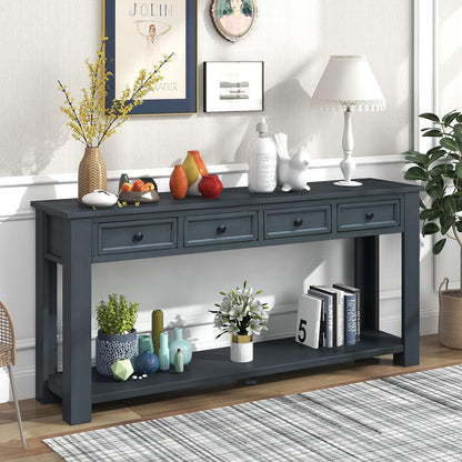 Solid Wood Console Table, Long Sofa Table Entryway Table with 4 Drawers and Bottom Shelf for