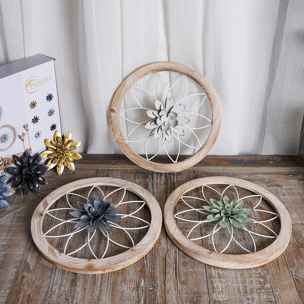 Paquesta 3 Piece Round Farmhouse Wall Decor with 6 Piece Interchangeable Flowers 12'' Medallion