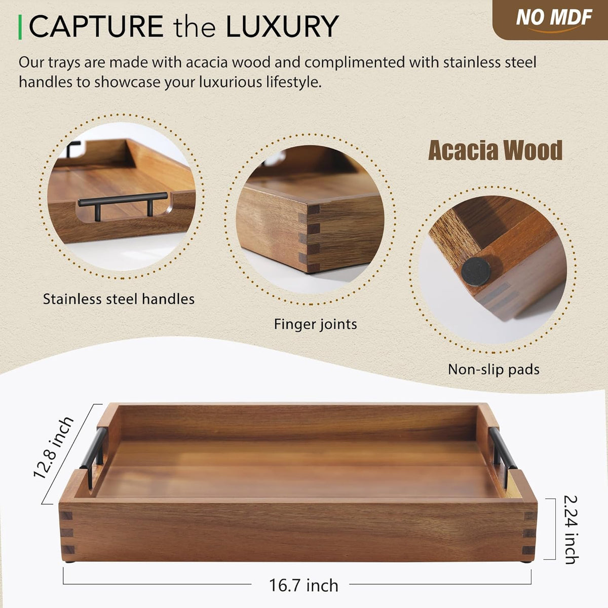 Joy&Grace Ottoman Tray for Living Room 16.7 x 12.8 inch Large Acacia Wooden Serving Tray with