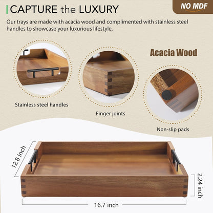 Joy&Grace Ottoman Tray for Living Room 16.7 x 12.8 inch Large Acacia Wooden Serving Tray with