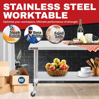DuraSteel 30x60 NSF Stainless Steel Cart - Heavy Duty Food Prep Table with Undershelf - Rolling