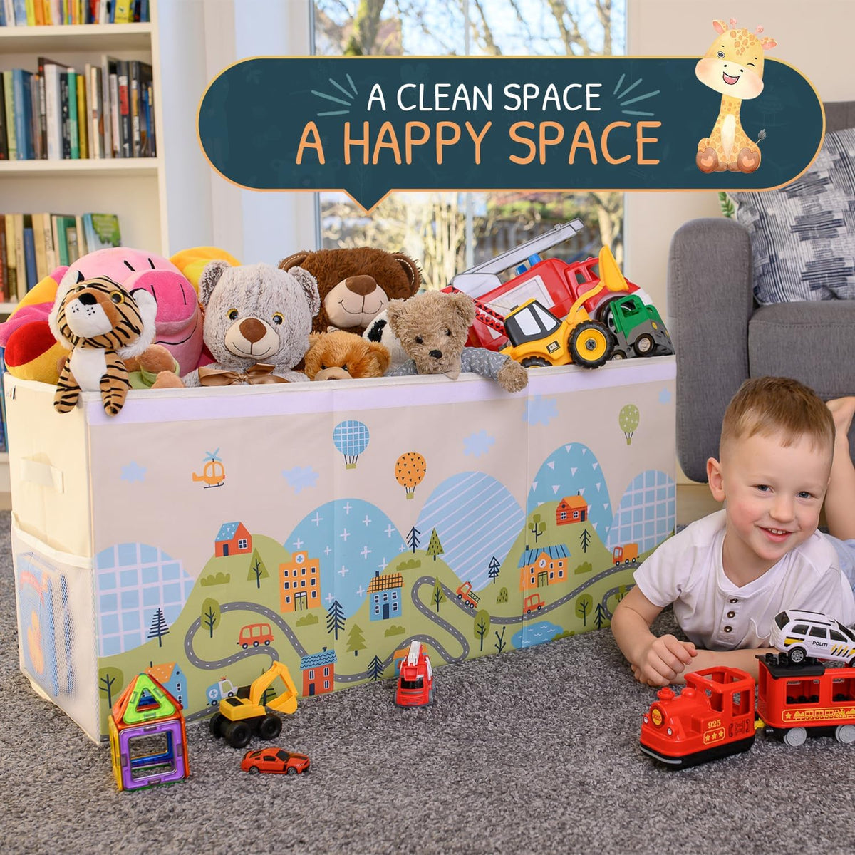 Extra Large Toy Storage Organizer with Lid - Sturdy, Collapsible Toy Chest Storage Box with Cute