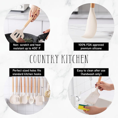 Country Kitchen Non Stick Silicone Utensil Set with Rounded Wood Handles for Cooking and Baking, 38
