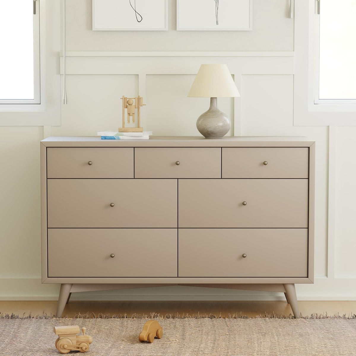 babyletto Palma 7-Drawer Assembled Double Dresser in Taupe, Greenguard Gold Certified