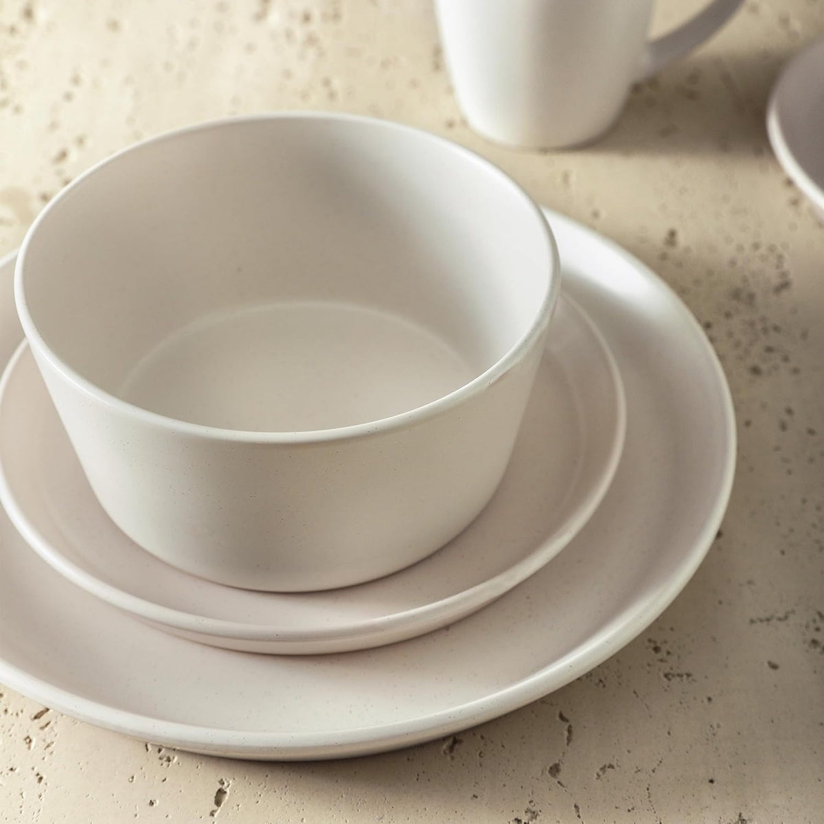Stone Lain Albie Stoneware 16 Piece Dinnerware Set, Plates and Bowls Sets, Dish Set for 4, White
