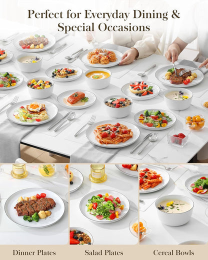 MALACASA 24 Pieces Gourmet Porcelain Dinnerware Sets, Premium Plates and Bowls Set, High-Fired