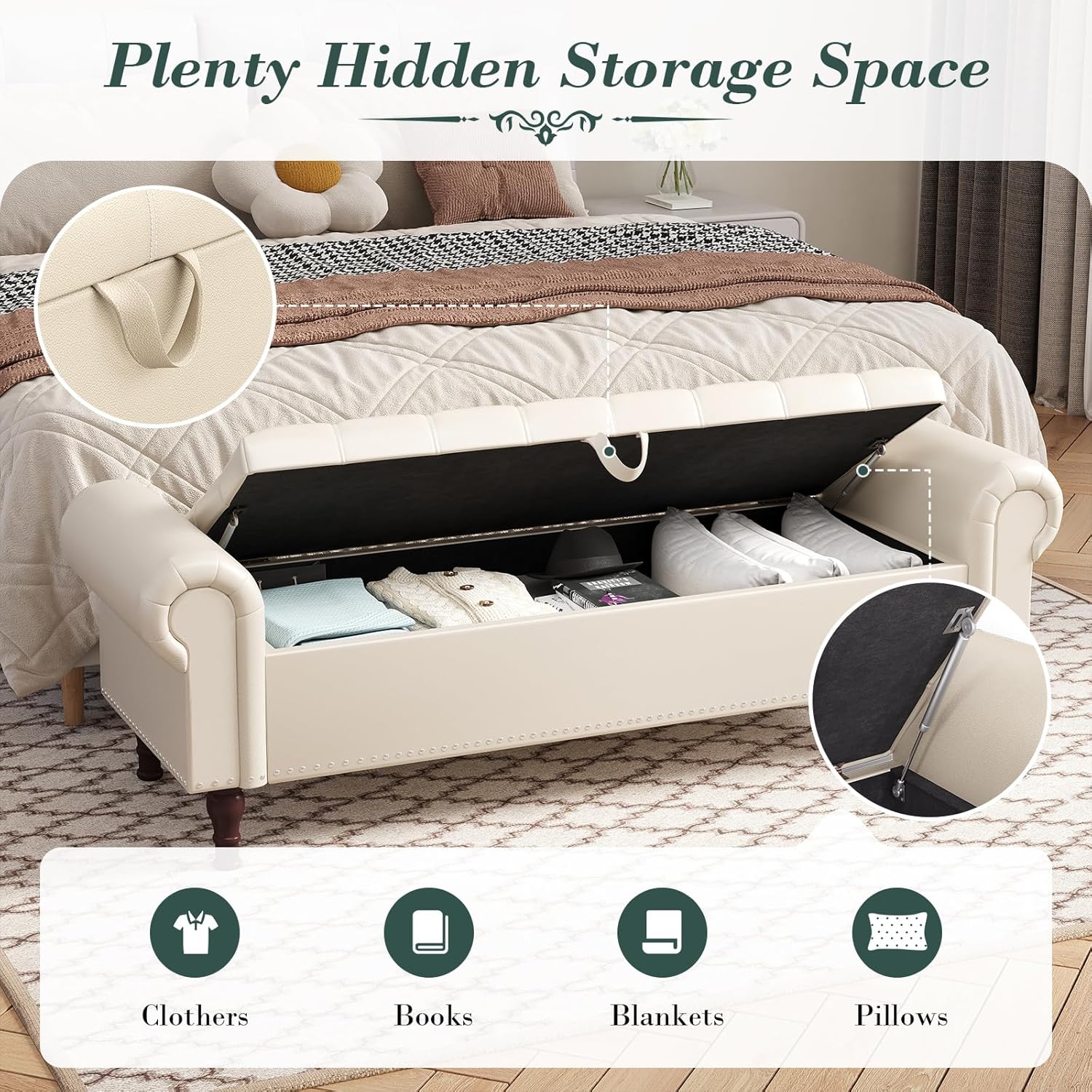 Apicizon 60”Storage Ottoman Bench, Soft Faux Leather Indoor Bench with Rolled Arm and Vintage