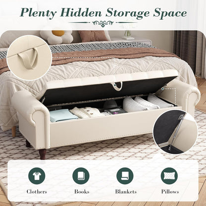 Apicizon 60”Storage Ottoman Bench, Soft Faux Leather Indoor Bench with Rolled Arm and Vintage