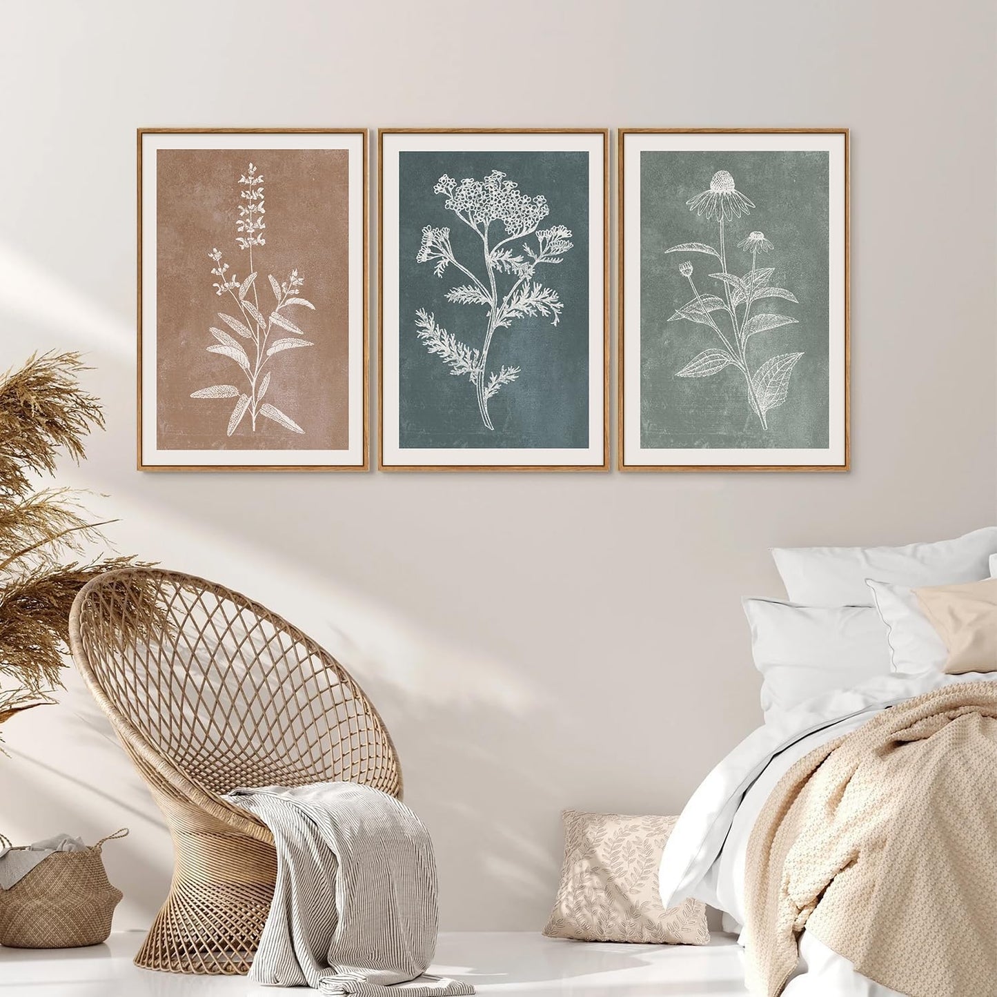 SIGNINART Neutral Botanical Framed Canvas Wall Art Set, Vintage Floral Wall Decor, Boho Minimalist