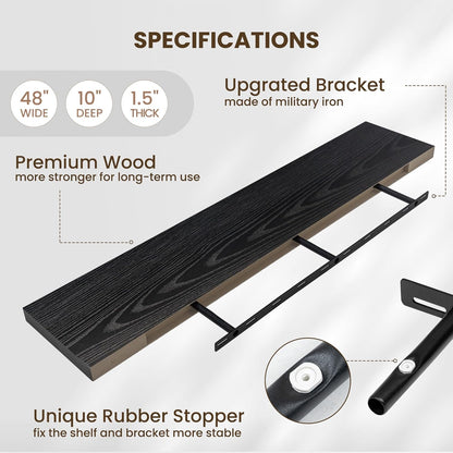 Fun Memories 10 Inch Deep Shelves, Floating Shelves for Wall 48 Inches Long, Wood Floating Shelves