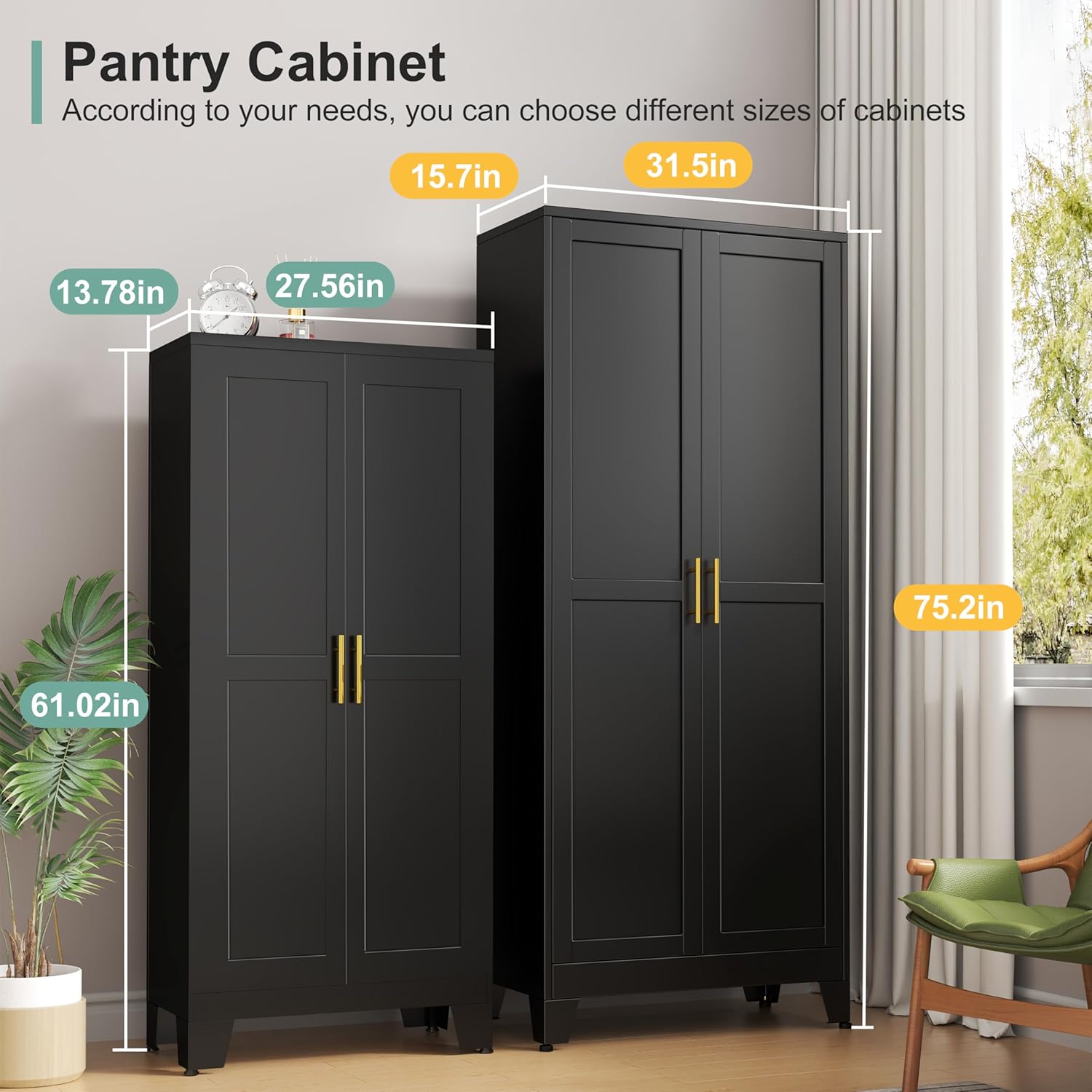 Metal Pantry Cabinet with 2 Doors and 5 Adjustable Shelves, 75" Kitchen Storage cabinets with Gold