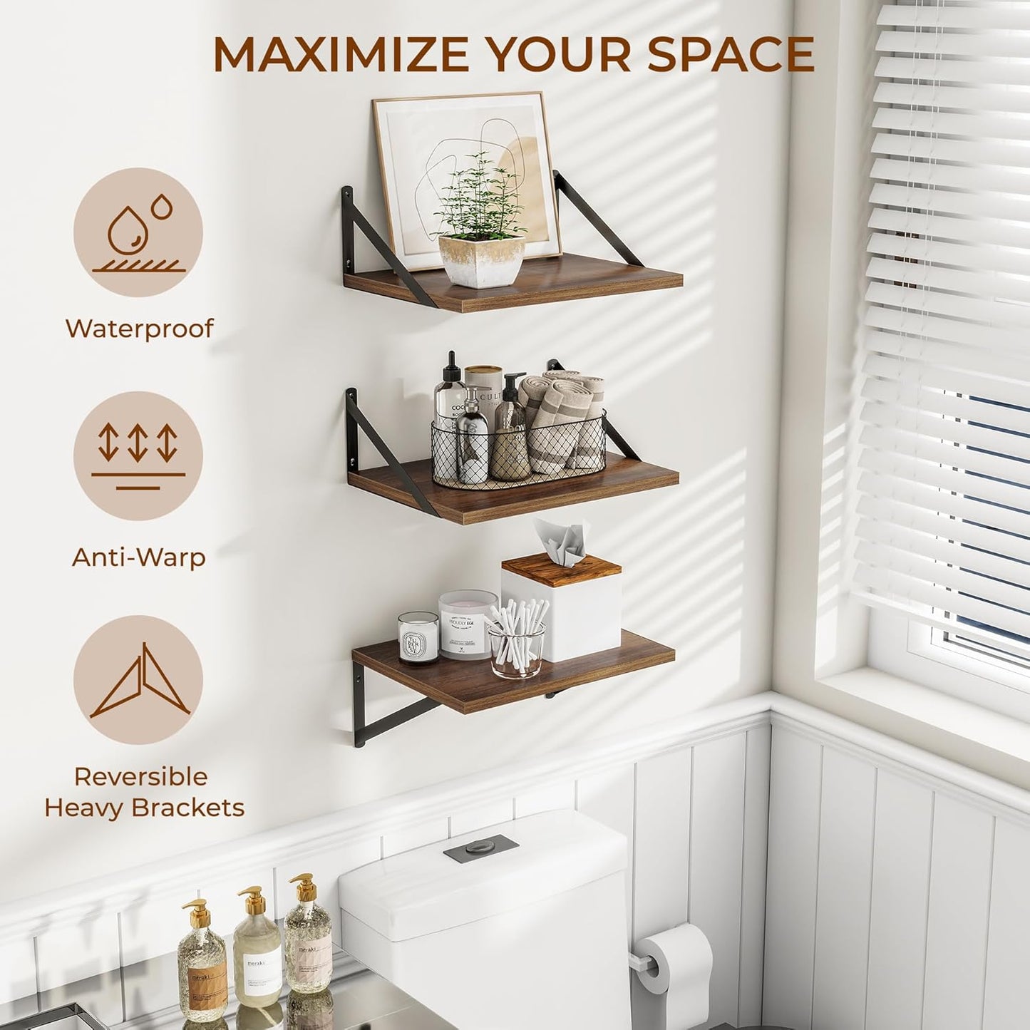 Heimlove Deep Floating Shelves for Wall, 12 Inch Deep Floating Shelves Set of 3, 16W x 12D Wood