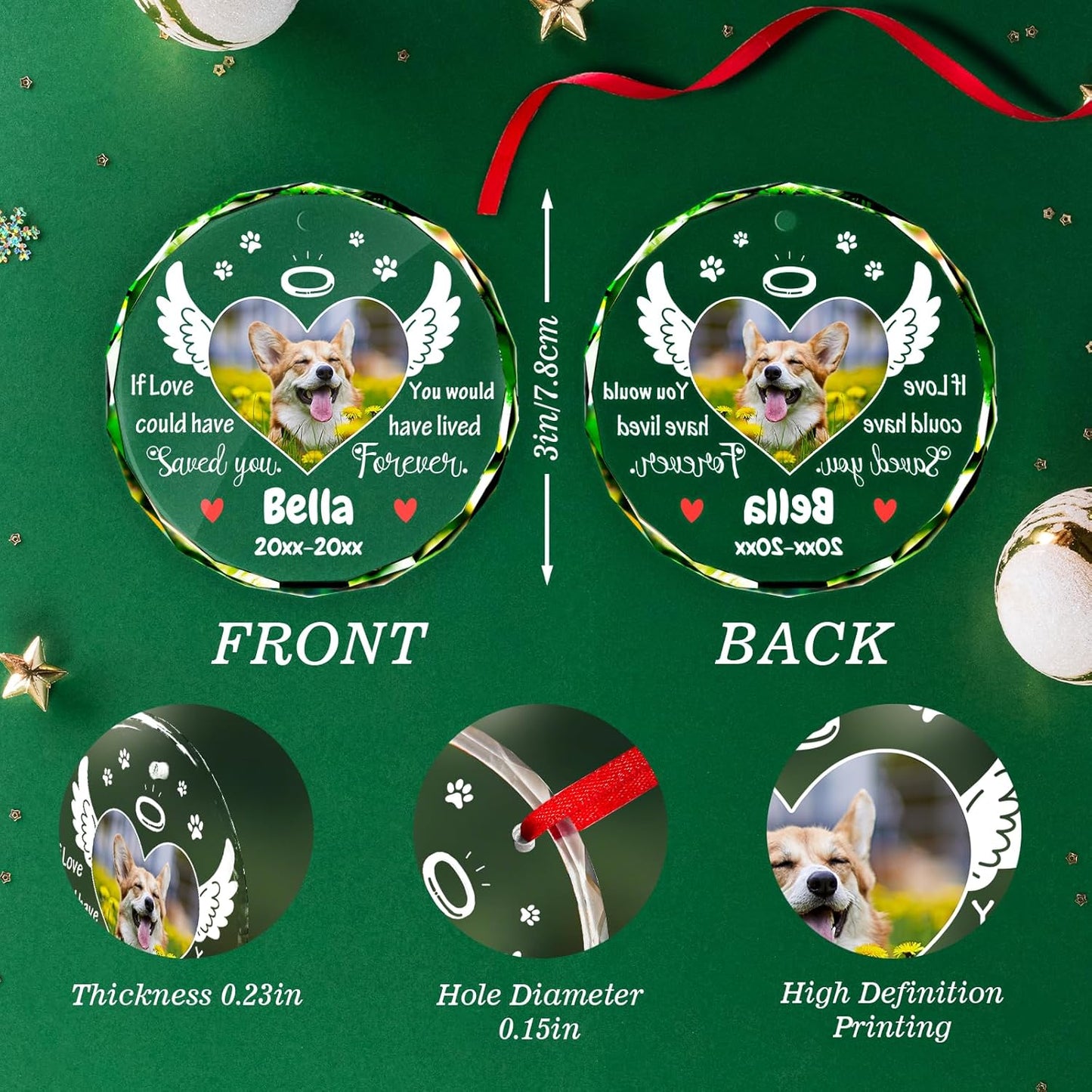 Personalized Memorial Pet Glass Ornament - Custom Picture Christmas Ornaments, Dog Forever in Our