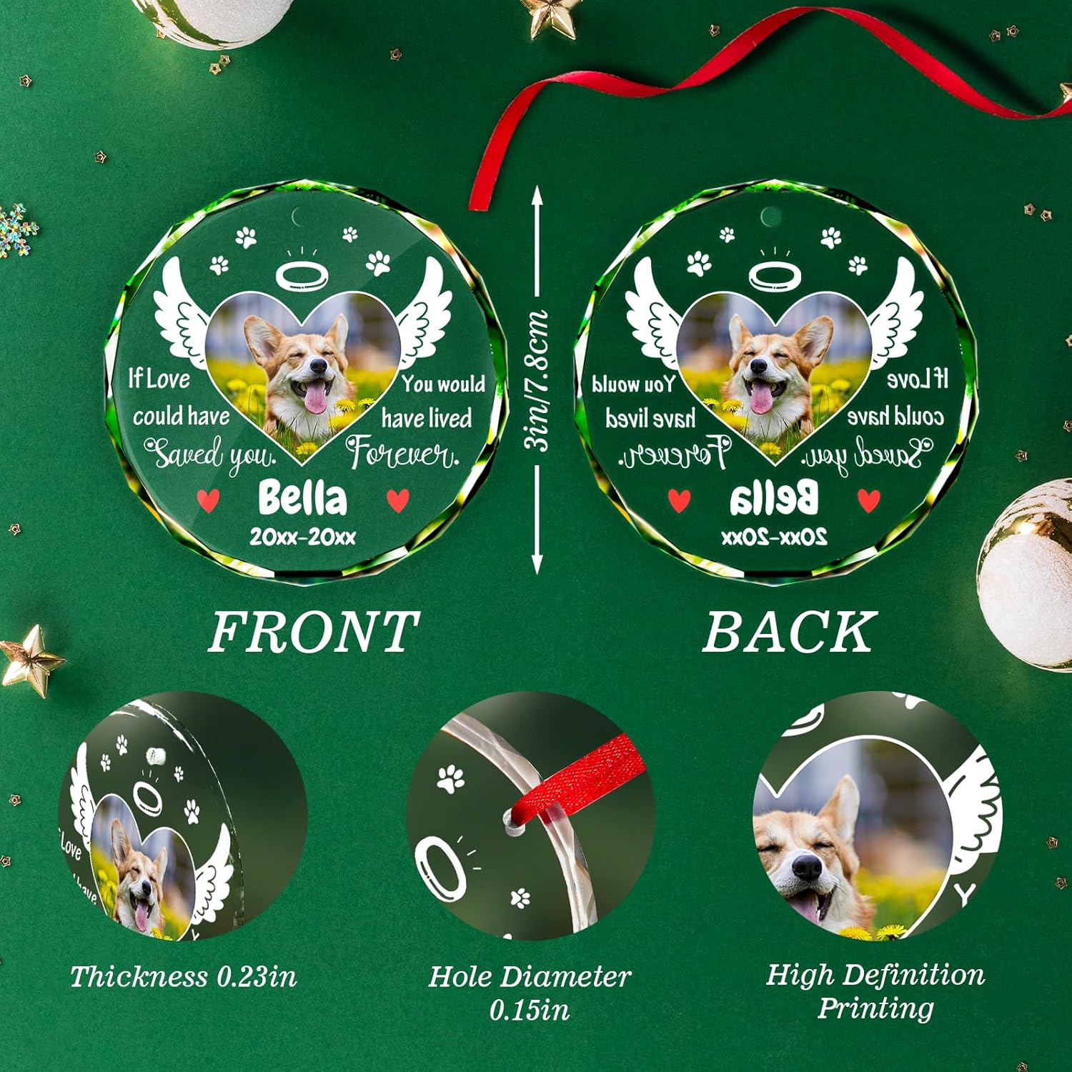 Personalized Memorial Pet Glass Ornament - Custom Picture Christmas Ornaments, Dog Forever in Our