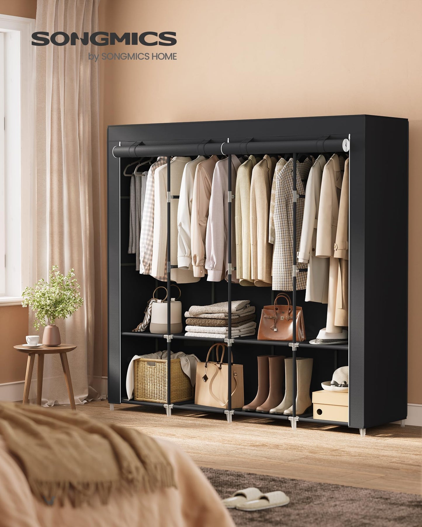 SONGMICS Portable Closet, Wardrobe Closet Organizer with Cover, 4 Hanging Rods and Shelves, 4 Side