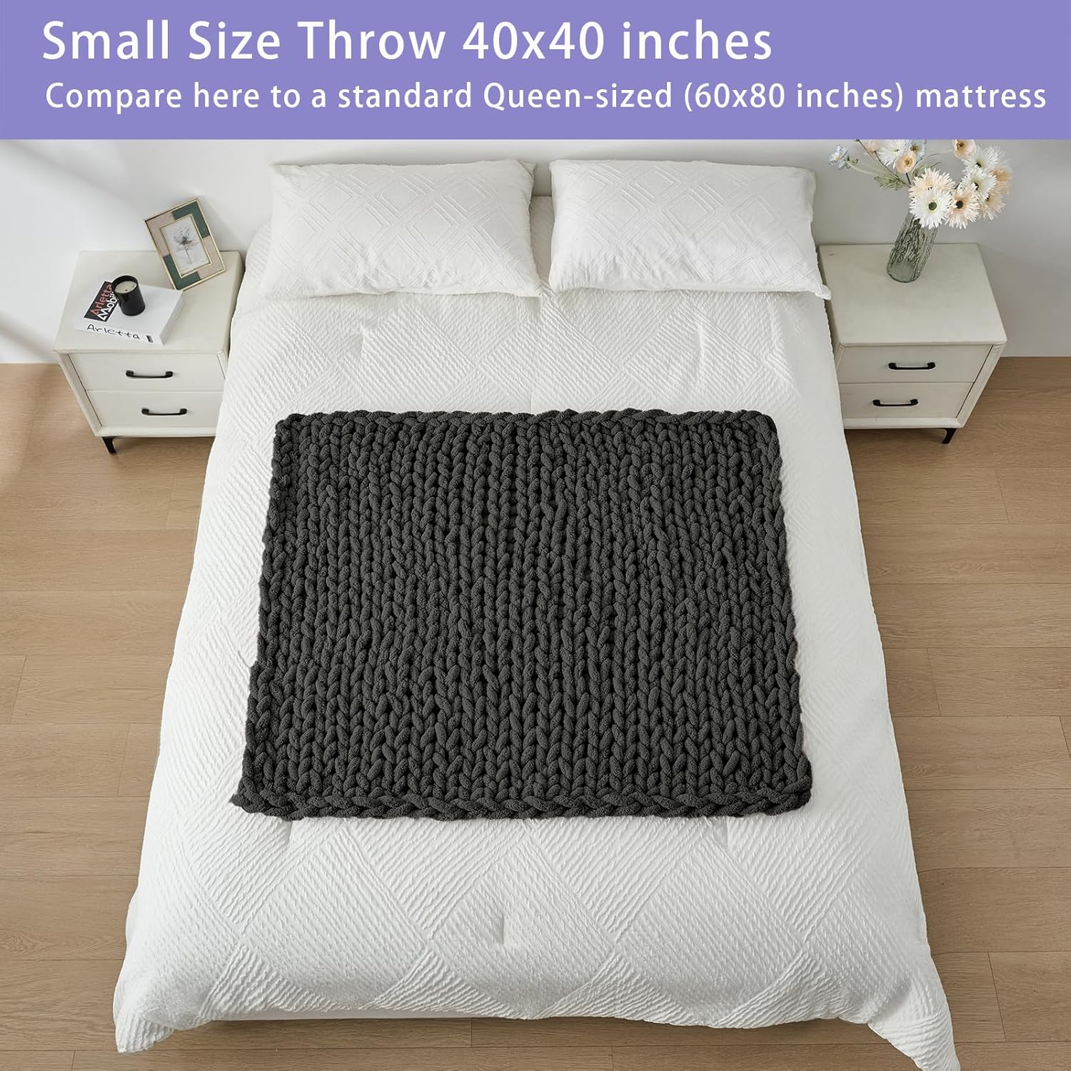 Bigacogo Chunky Knit Throw Blanket for Couch, 40x40 inches, 100% Hand Knitted with Thick Jumbo