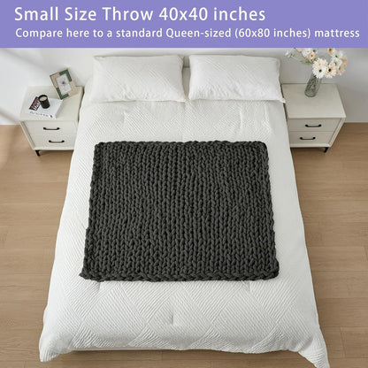 Bigacogo Chunky Knit Throw Blanket for Couch, 40x40 inches, 100% Hand Knitted with Thick Jumbo