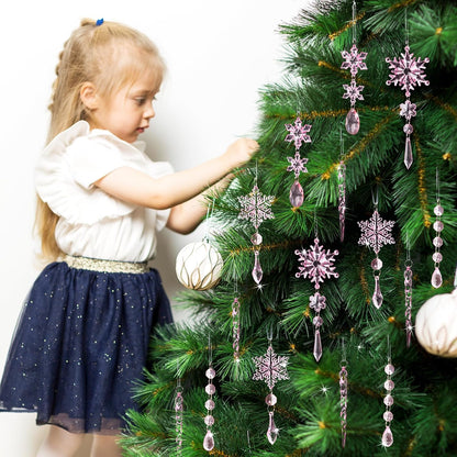 18pcs Crystal Christmas Ornaments for Christmas Tree Decorations-Pink Hanging Acrylic Snowflake and