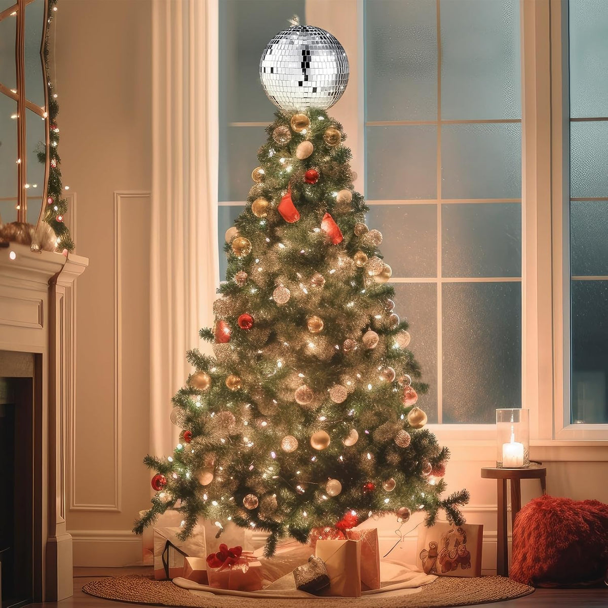 Retisee 6'' Disco Ball Christmas Tree Topper Silver Mirror Xmas Tree Topper 3D Hollow Silver Disco