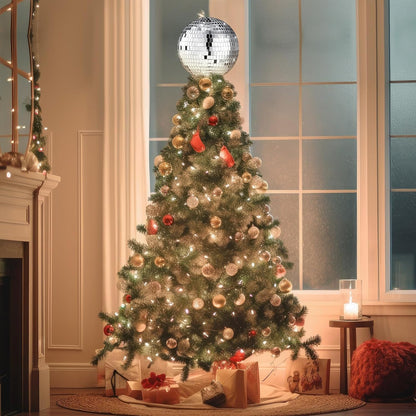 Retisee 6'' Disco Ball Christmas Tree Topper Silver Mirror Xmas Tree Topper 3D Hollow Silver Disco