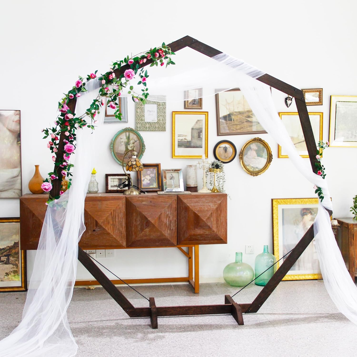 7FT Wedding Arch, Heptagonal Wood Arch for Wedding Ceremony, Arbor Backdrop Stand for Garden