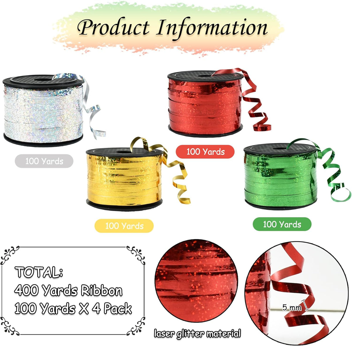 BEISHIDA 4 Pack Christmas Curling Ribbons Red Green Gold Silver Balloon String Ribbons for Gift
