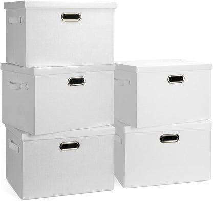 Large 17" 36 Quart Collapsible Stackable Storage Bins with Lids, 5 Packs White Linen Fabric Closet