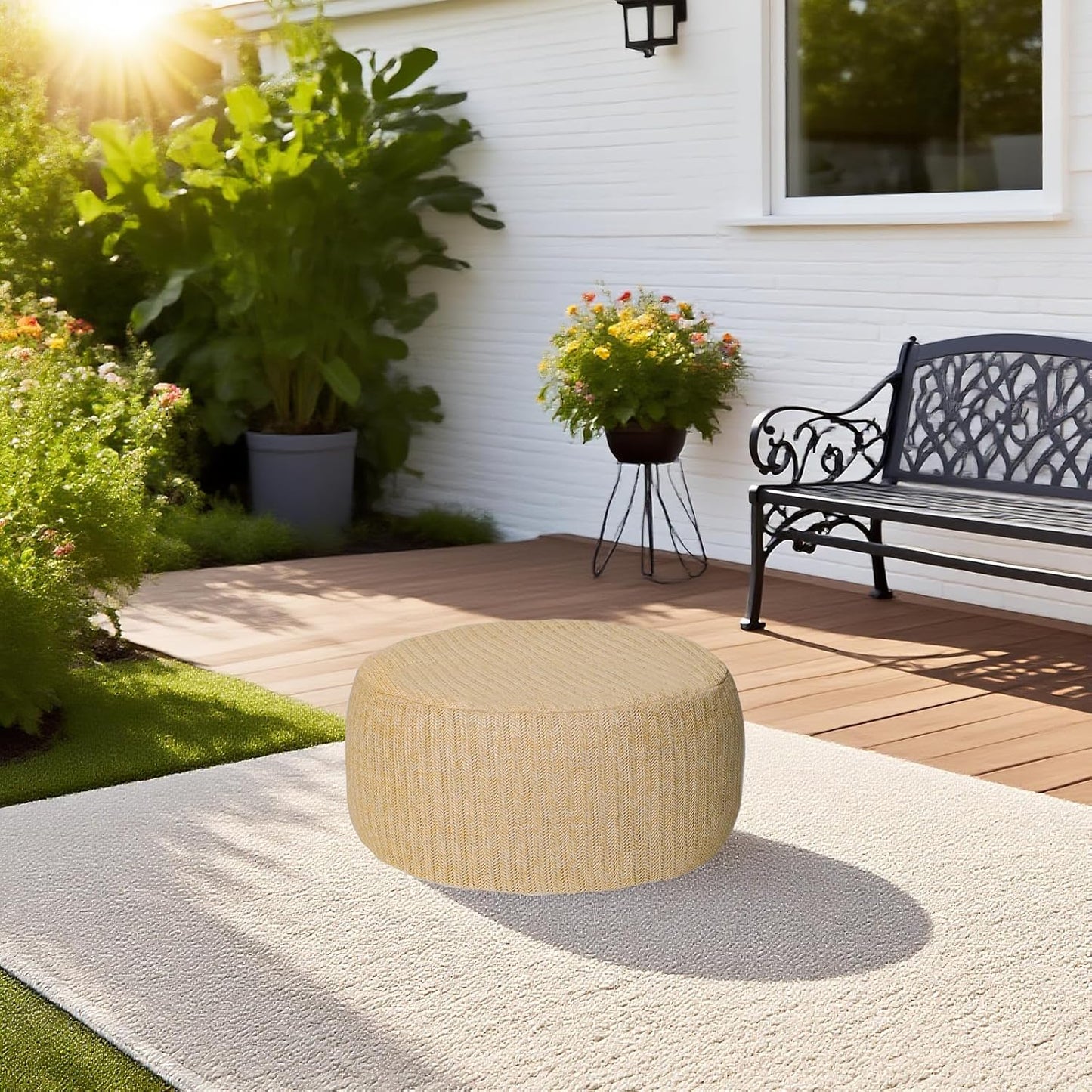 Outdoor Inflatable Ottoman with Air Pump, Fade-Resistant Patio Footrest Stool D21”x H9”, Round Pouf