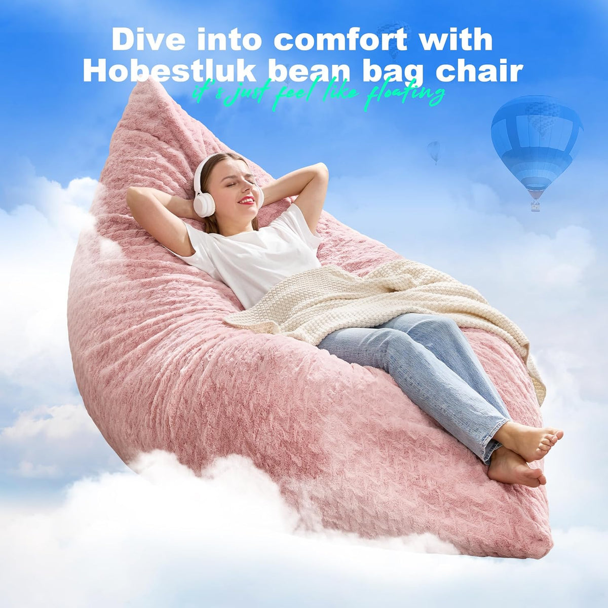 Hobestluk 3 in 1 Bean Bag Chair Giant Bean Bag Chairs for Adults with Chevron Plush Fur Cover