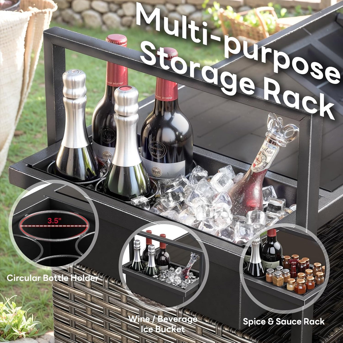 Outdoor Bar Cart with Storage Cabinet, Patio Bar Table with Tempered Glass Tabletop, Outdoor