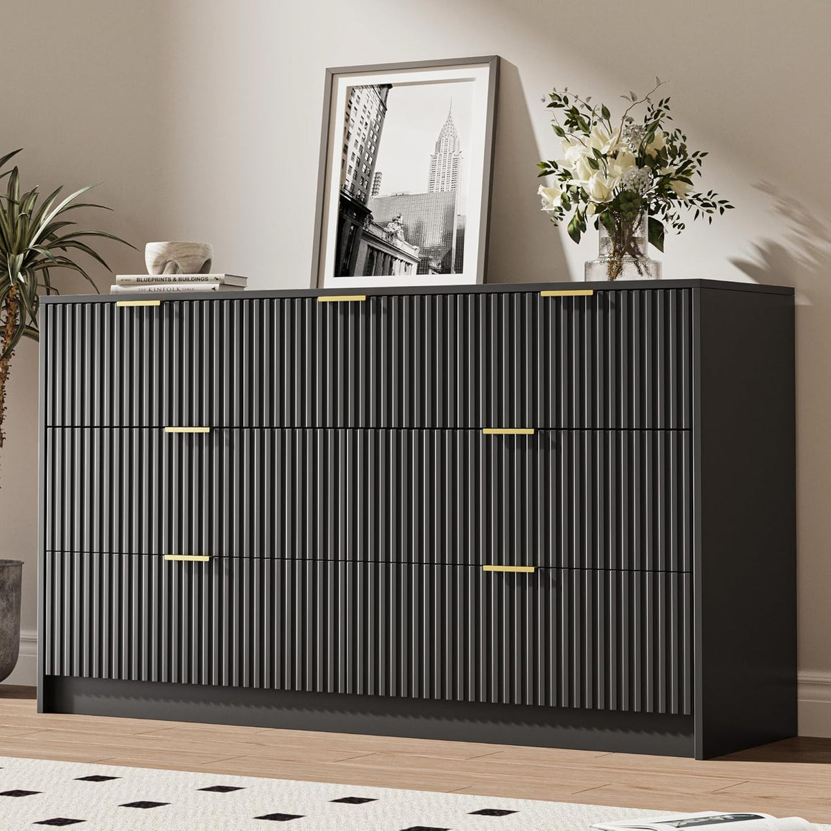 Black 7 Drawer Dresser for Bedroom, Modern Fluted Dresser with Gold Metal Handles, Wide Chest of