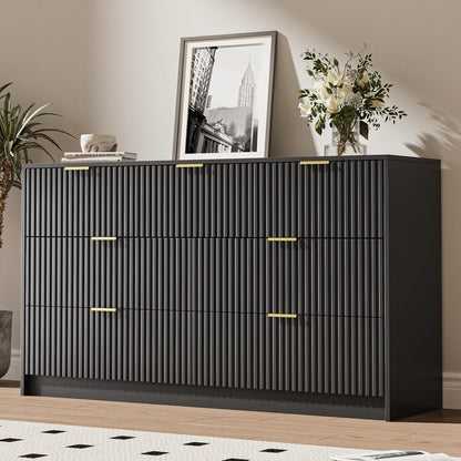 Black 7 Drawer Dresser for Bedroom, Modern Fluted Dresser with Gold Metal Handles, Wide Chest of