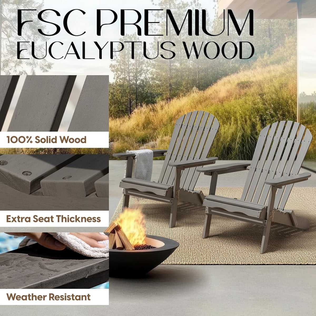 Idzo Outdoor Adirondack Chair Set of 2, Pre-Assembled Backrest, Patio Furniture Set, Outdoor