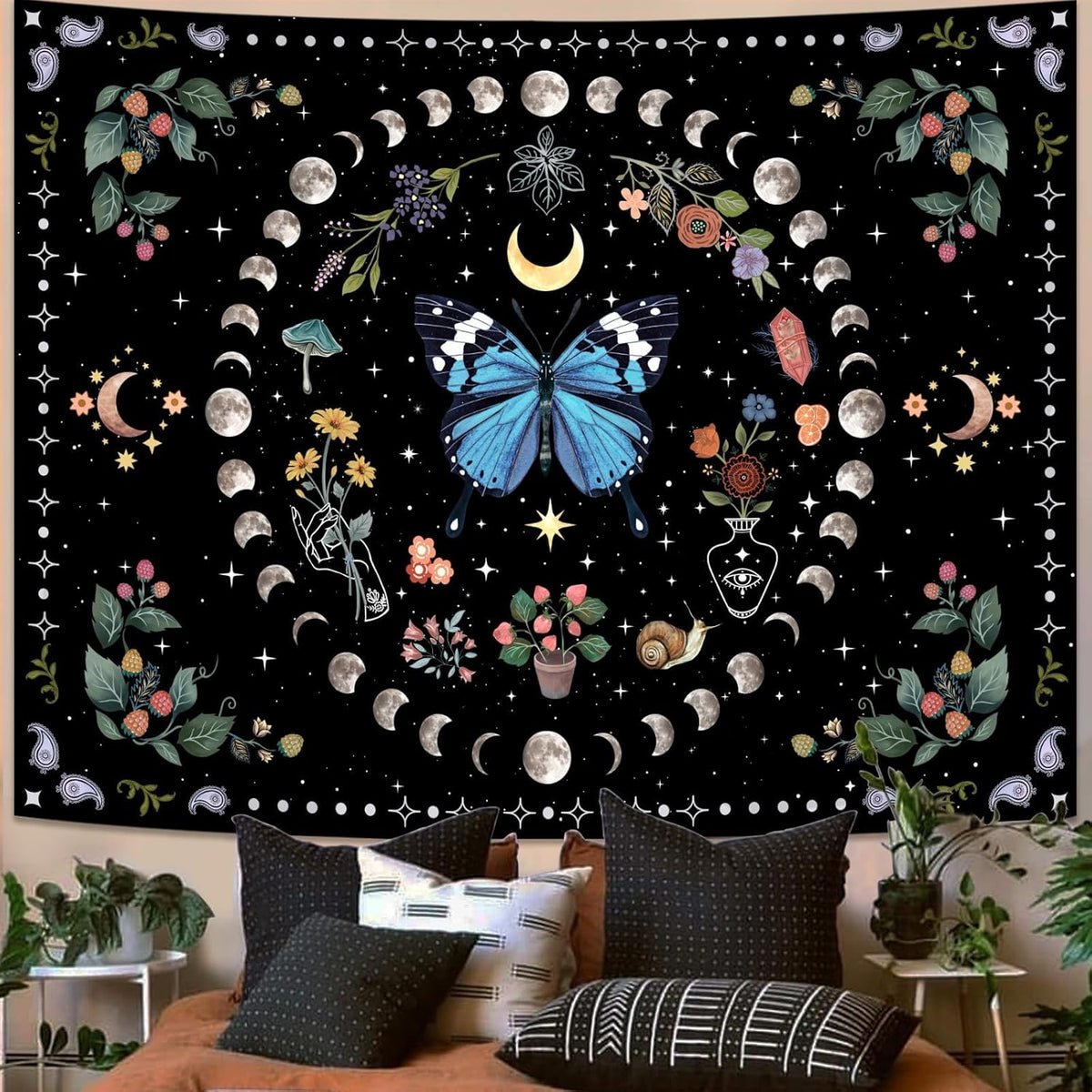 Aipon Blue Butterfly Moon Flower Tapestry for Bedroom and Living Room, 68.00" x 90.00", Boho