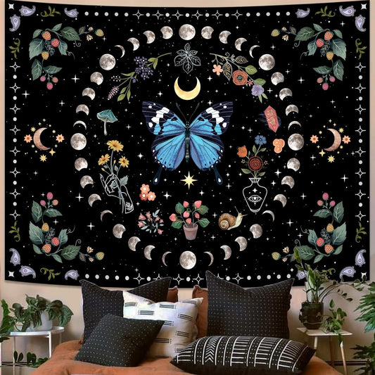 Aipon Blue Butterfly Moon Flower Tapestry for Bedroom and Living Room, 68.00" x 90.00", Boho