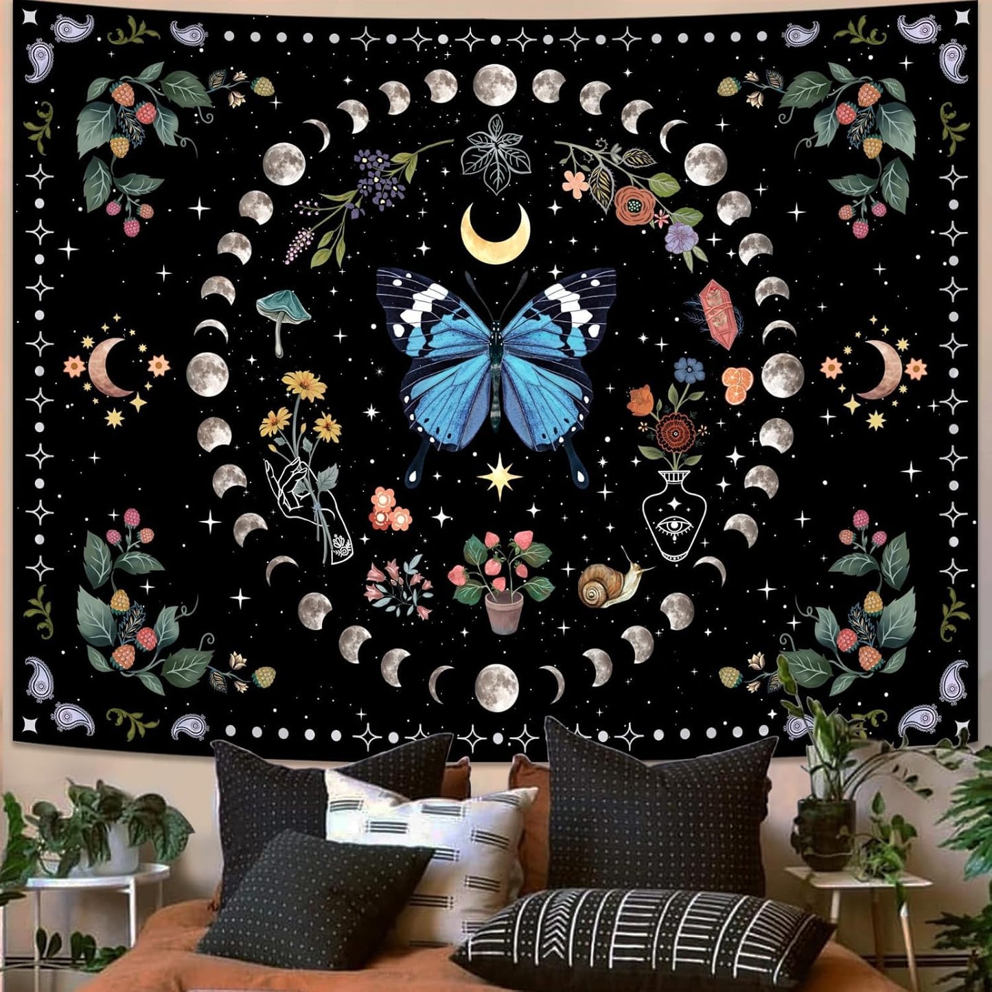 Aipon Blue Butterfly Moon Flower Wall Hanging - Botanical Boho Floral Tapestry for Bedroom & Living