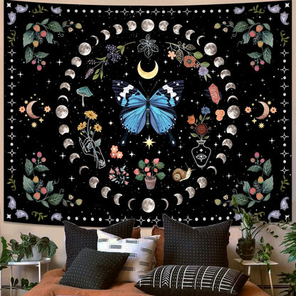 Aipon Blue Butterfly Moon Flower Wall Hanging - Botanical Boho Floral Tapestry for Bedroom & Living