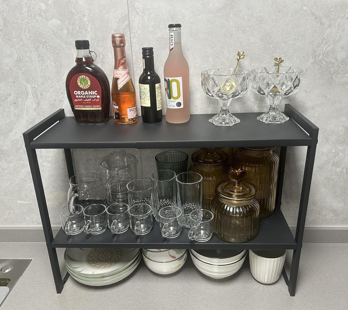 2 Tier Expandable Cabinet Shelf Organizer 14.5-25" L Kitchen Counter Shelf Rack Stand Sink Riser