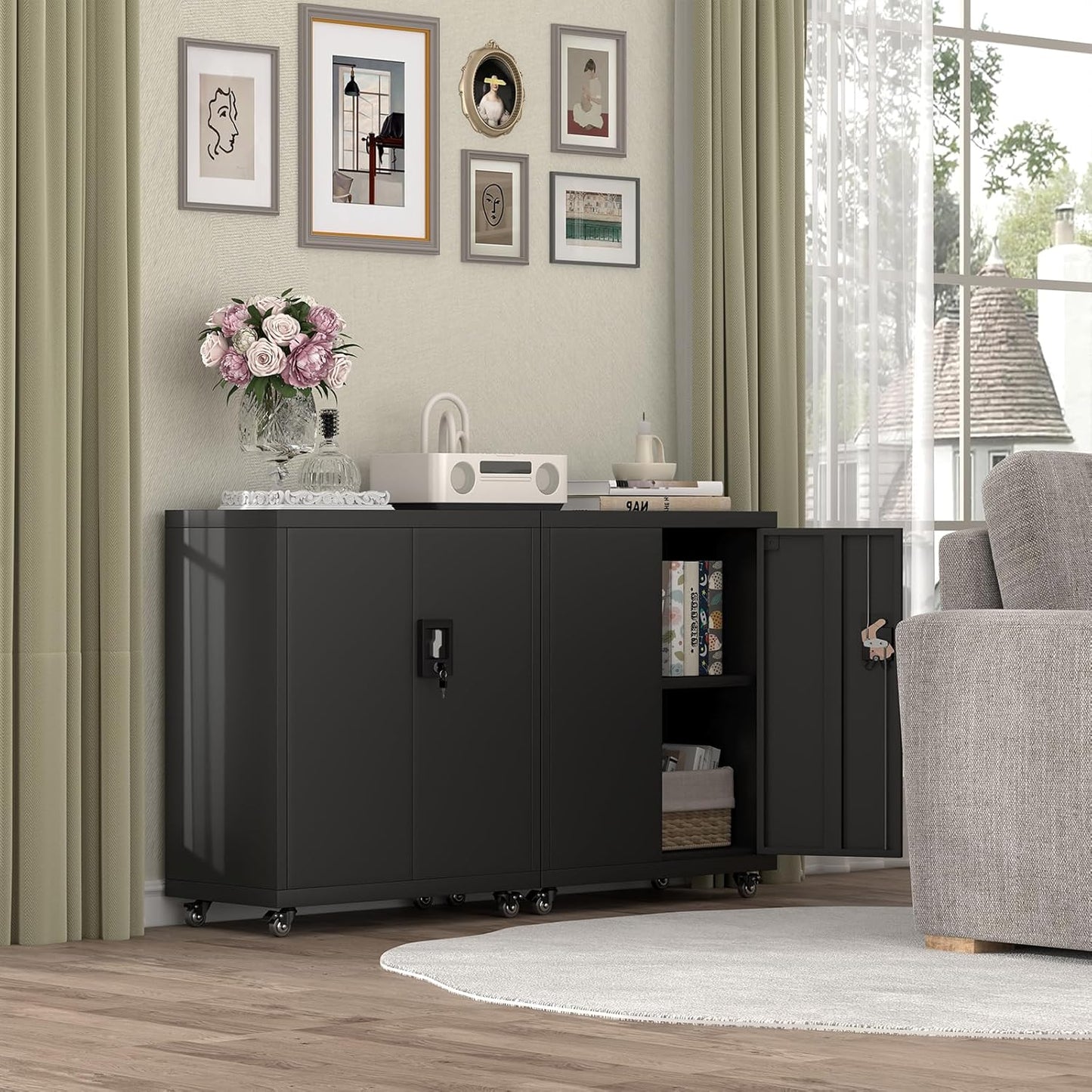 Metal Storage Cabinet with Wheels,Lockable Steel Rolling Storage Cabinet with 2 Doors for