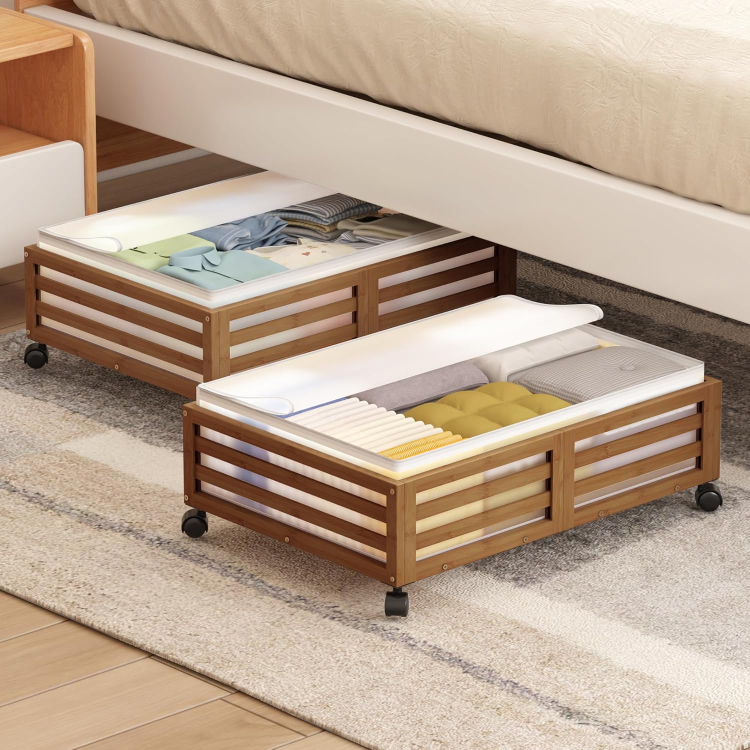 Under Bed Storage with Wheels-Large Bamboo Underbed storage Containers with Large Dust Bag