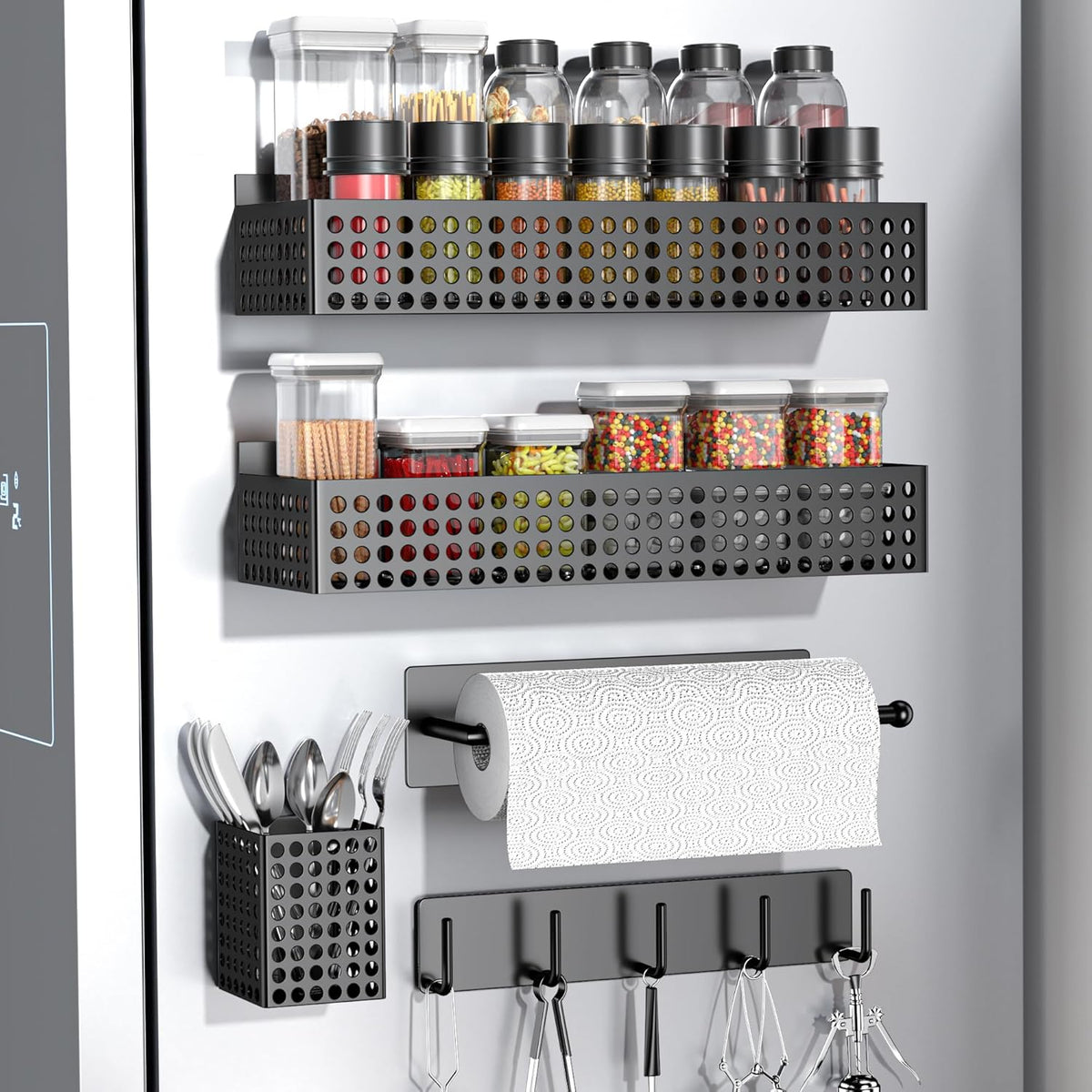 Magnetic Spice Rack for Refrigerator 2 Tiers and Paper Towel Holder and Utensil Holder, Magnetic