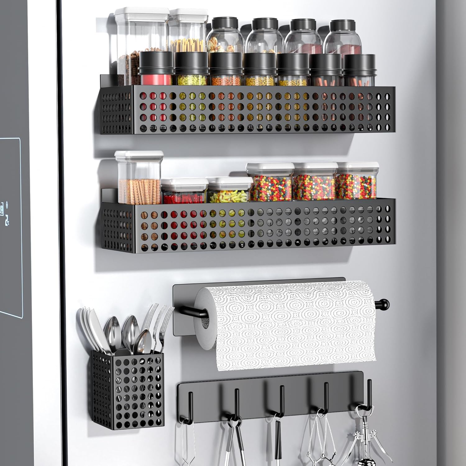 Magnetic Spice Rack for Refrigerator 2 Tiers and Paper Towel Holder and Utensil Holder, Magnetic