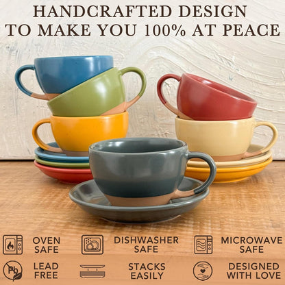 Mora Ceramic Latte Art Mug With Saucer - 10.5 oz, Round Bottom For Perfect Pours - Cafe Cups for