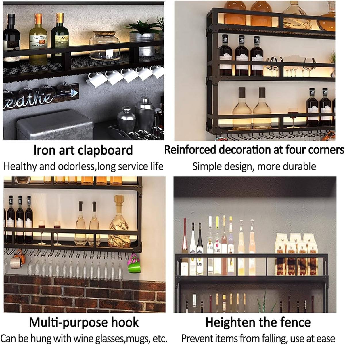 Modern Wine Rack Wall Mounted With Glass Holder,3-Tier Bar Liquor Shelf,Black,Metal Large Capacity