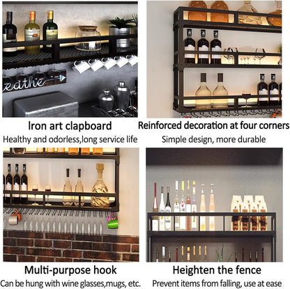 Modern Wine Rack Wall Mounted With Glass Holder,3-Tier Bar Liquor Shelf,Black,Metal Large Capacity