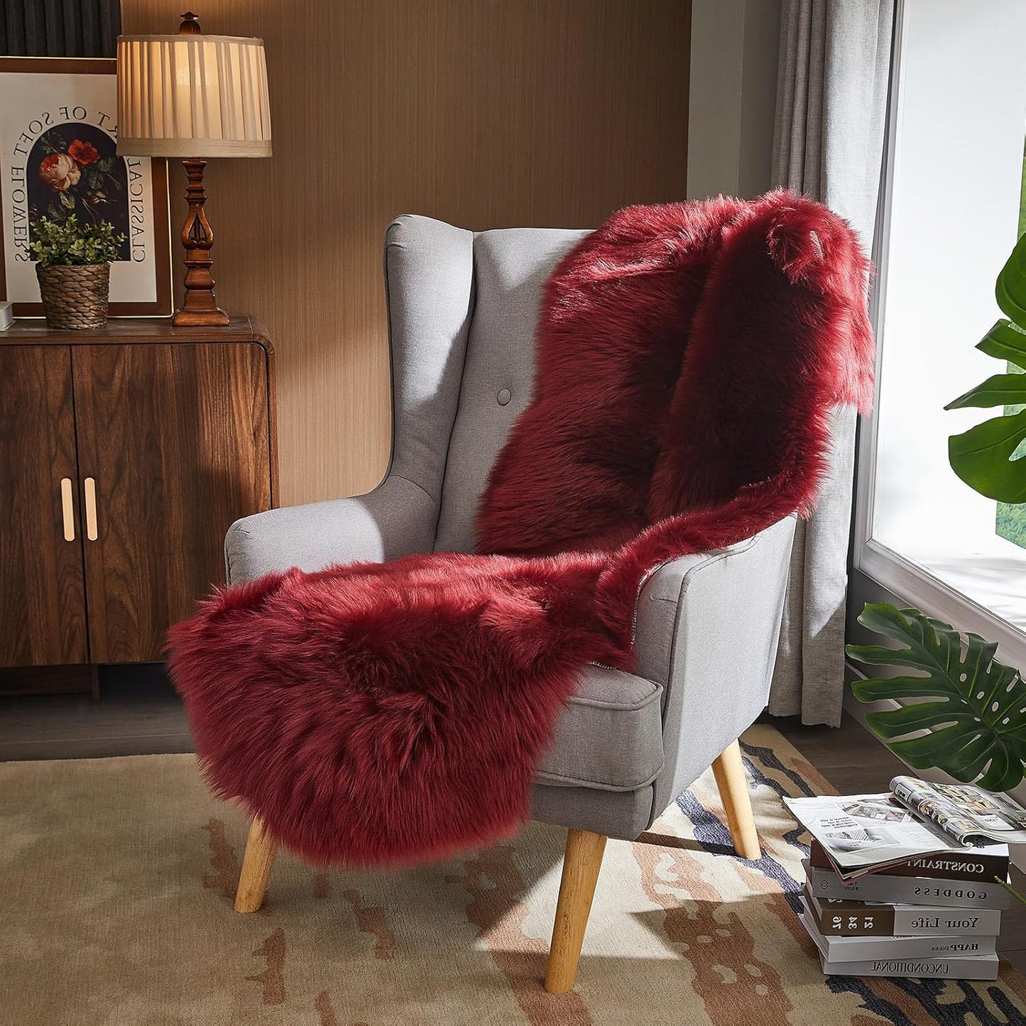 AMTOVO Faux Sheepskin Rug, Burgundy Ultra Soft Fluffy Shag Area Rug, 2 x 6 ft Faux Fur Rug for